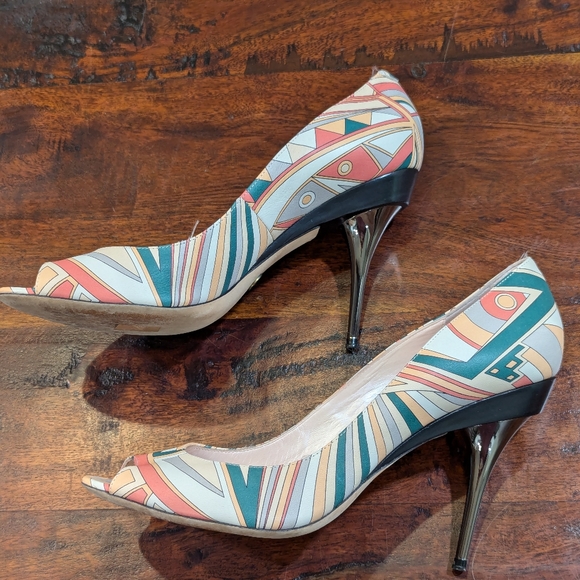 Rare Emilio Pucci leather pumps Peep Toe Art Deco Size 40 Signature Pattern - Picture 2 of 13